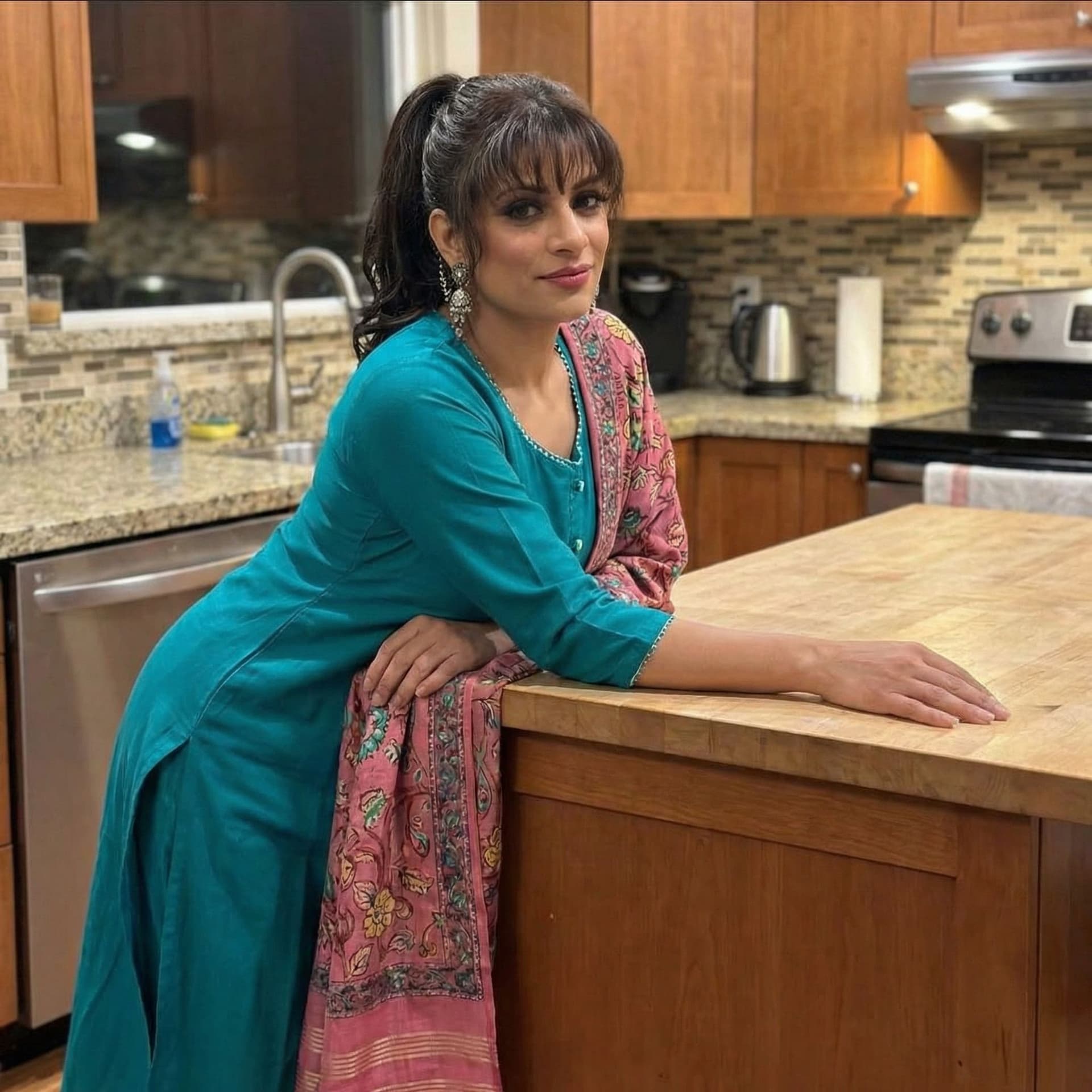 AI generated: Seductive, leans over on a kitchen desk, front view, 