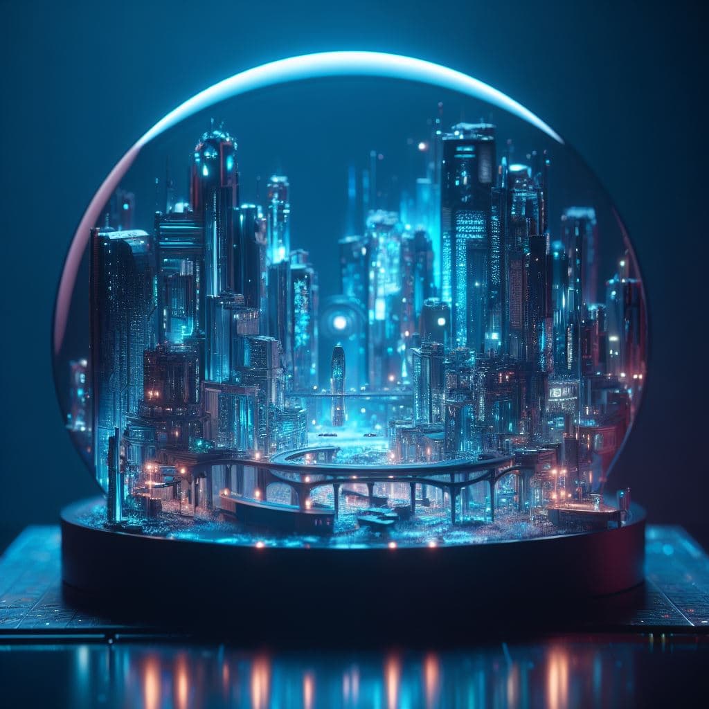 AI generated:  (8k, RAW photo, best quality, masterpiece:1.2), cyberpunk city, miniature, landscape, glass bowl