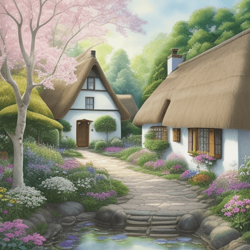 AI generated: Watercolor painting with intricate detail, capturing a cozy, creamy white cottage with a thatched ro...