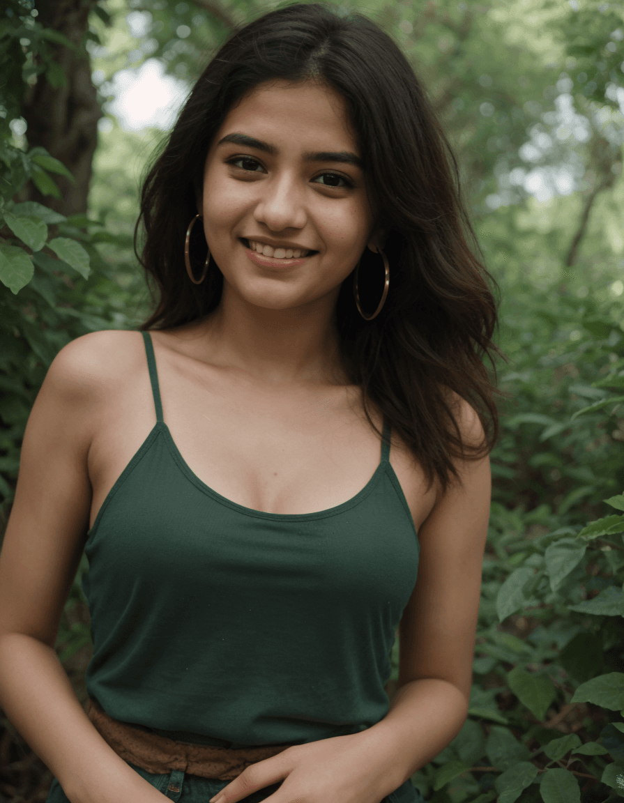 AI generated: A 17 year old Indian girl is posing in a natural trail in a jungle , she is wearing a loose green ta...