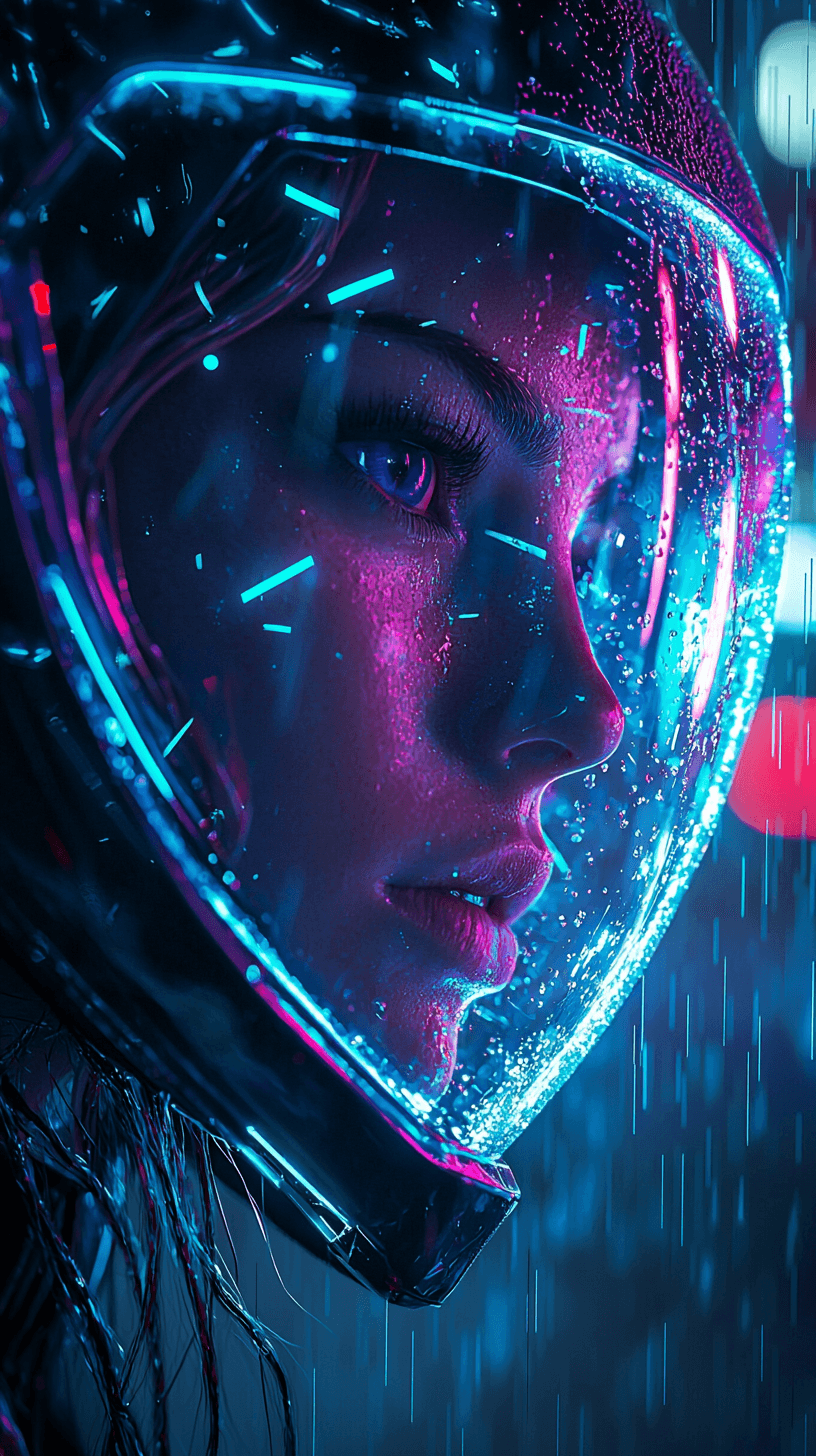 AI generated: A close-up portrait of a woman wearing a cyberpunk helmet, featuring a transparent visor that fully ...