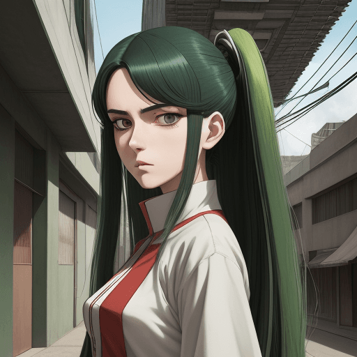 AI generated: bauhaus style clothe, big clothes, cool anime style, character, village center background, up to dow...