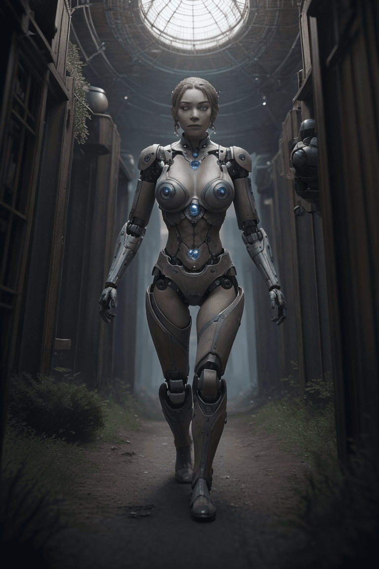AI generated:  A young sorceress, transported in other world, the land of robots, while looking for her way home, ...