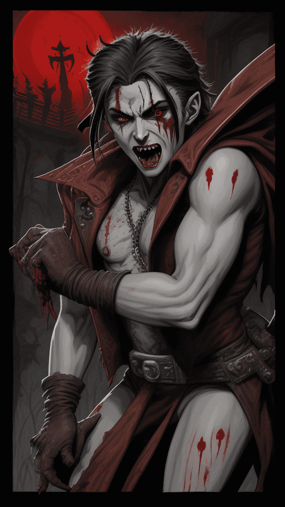 AI generated: a drawing of a vampire with blood covererd fangs, in the style of adventure pulp, dark white and bro...