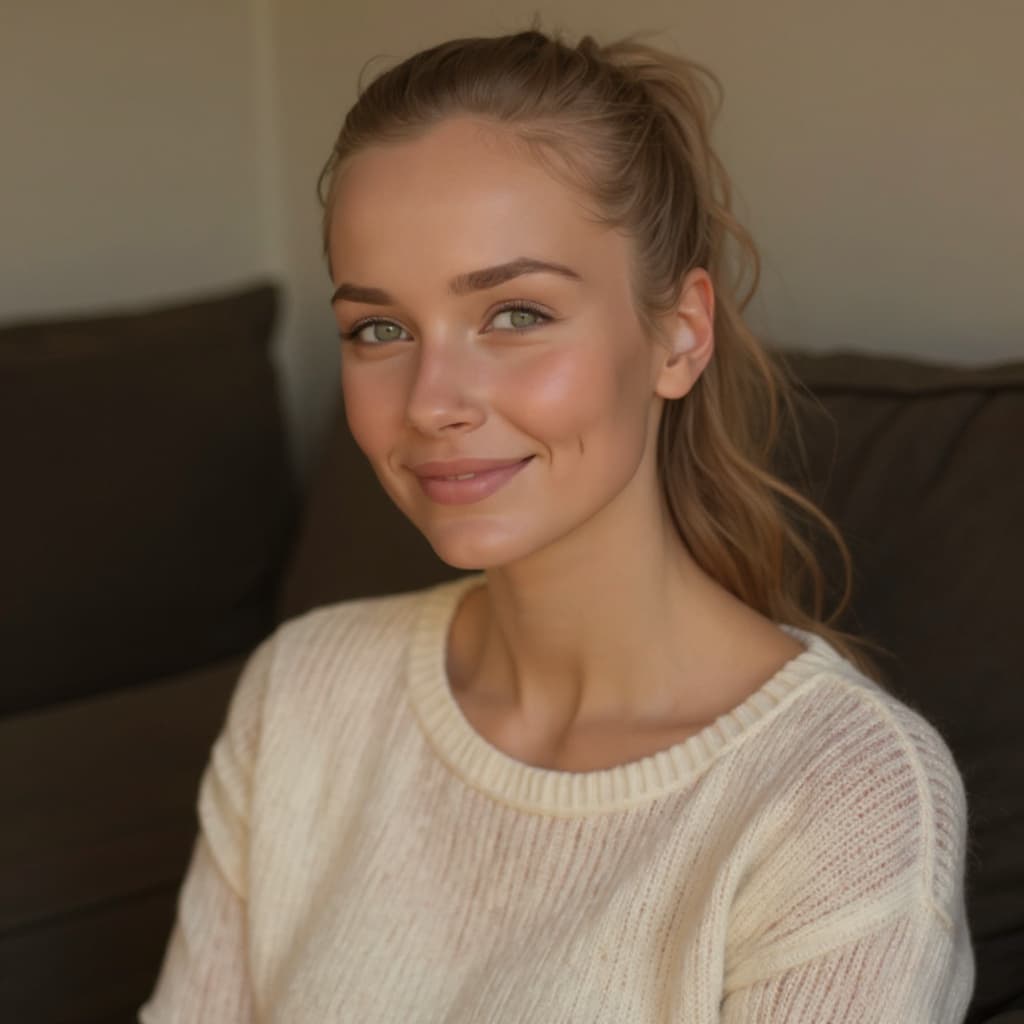 AI generated: fantasy art, woman , young, messy ponytail dark blonde hair, grey  eyes, sitting on sofa, small brea...