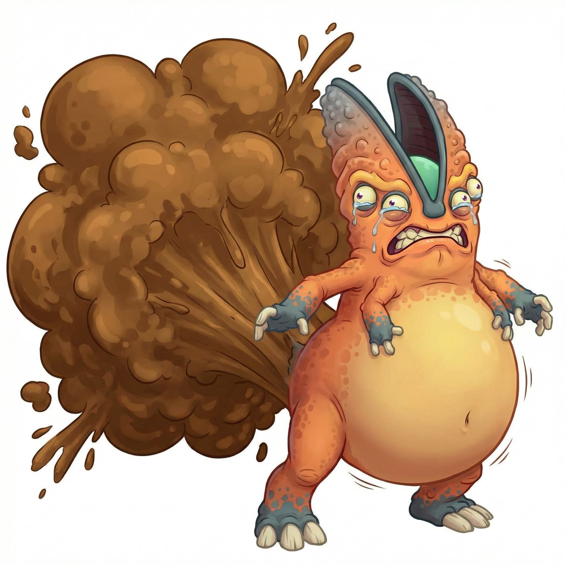 AI generated: Digital Art Style. Belly at least 2 times bigger. Diarrhea Blast Is 4 times bigger. Extremely Pained...