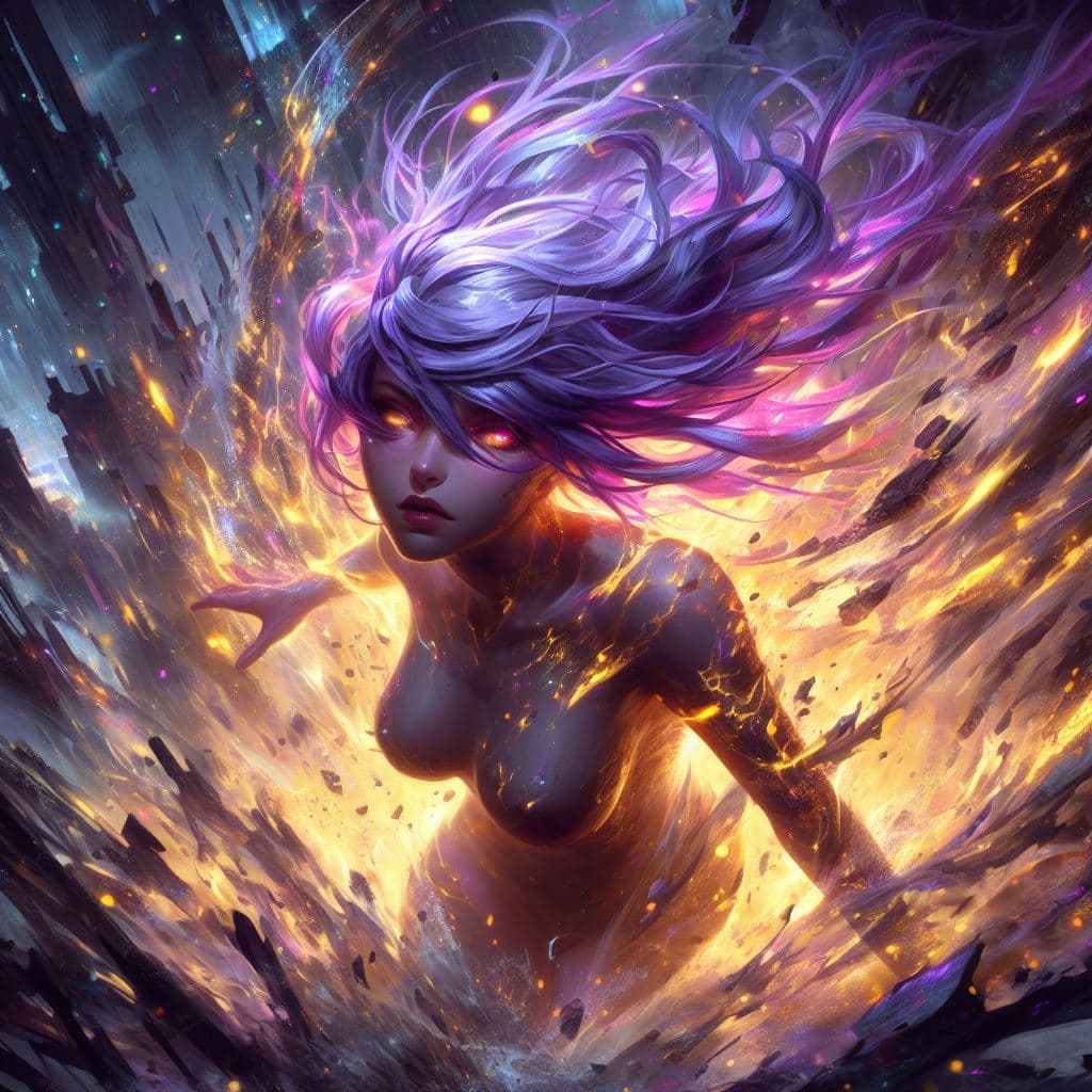 AI generated: painterly style, pretty innocent candide woman with purple hair, character design, bodies is adorned...