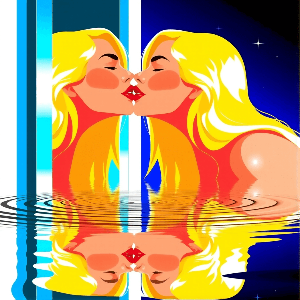 AI generated: A bold and vibrant modern illustration of a stunning blonde European woman leaning toward her reflec...