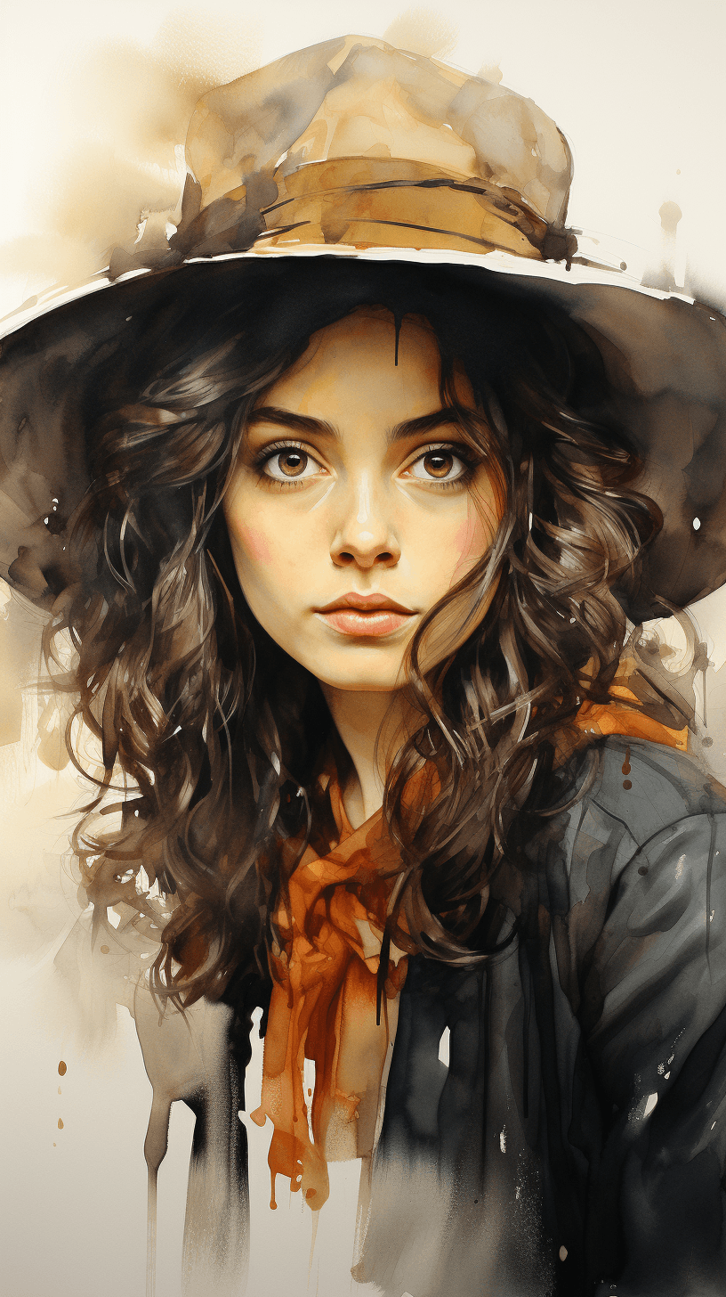 AI generated: this watercolor portrait of a girl wearing a hat, in the style of photobashing, david nordahl, peter...