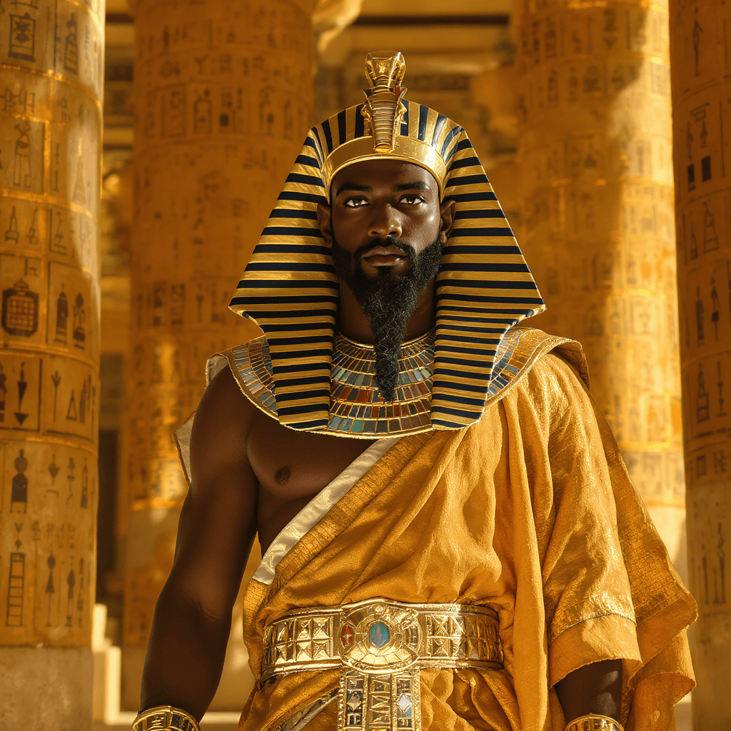 AI generated: "A realistic 40-year-old ancient Egyptian Pharaoh named Nectanebo II. He has deep brown Egyptian ski...