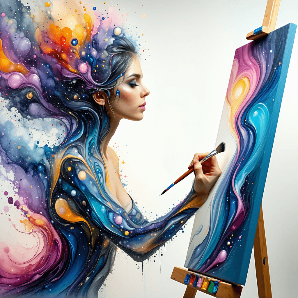 AI generated: A whimsical emotion painter, her form seemingly made of flowing colors, and her clothes reacting to ...