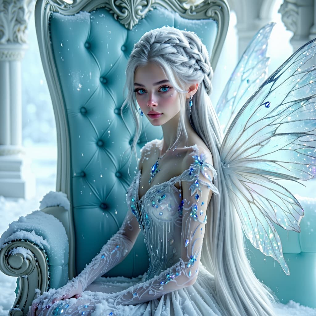 AI generated:  A delicate fairy with long, platinum blonde hair, styled into an intricate updo and adorned with de...