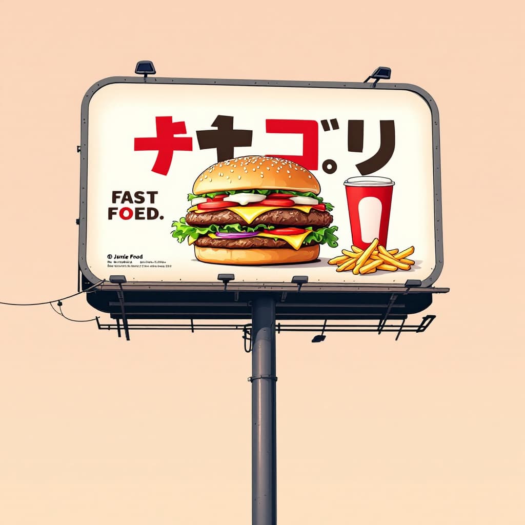 AI generated: fast food ad, billboard sign, 90s, anime, japanese pop, japanese words, in the style of Jamie Hewlet...