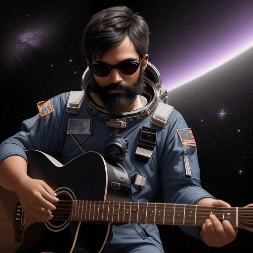 AI generated: Create a unique avatar astronaut playing guitar amidst the backdrop of a black hole in space, that a...