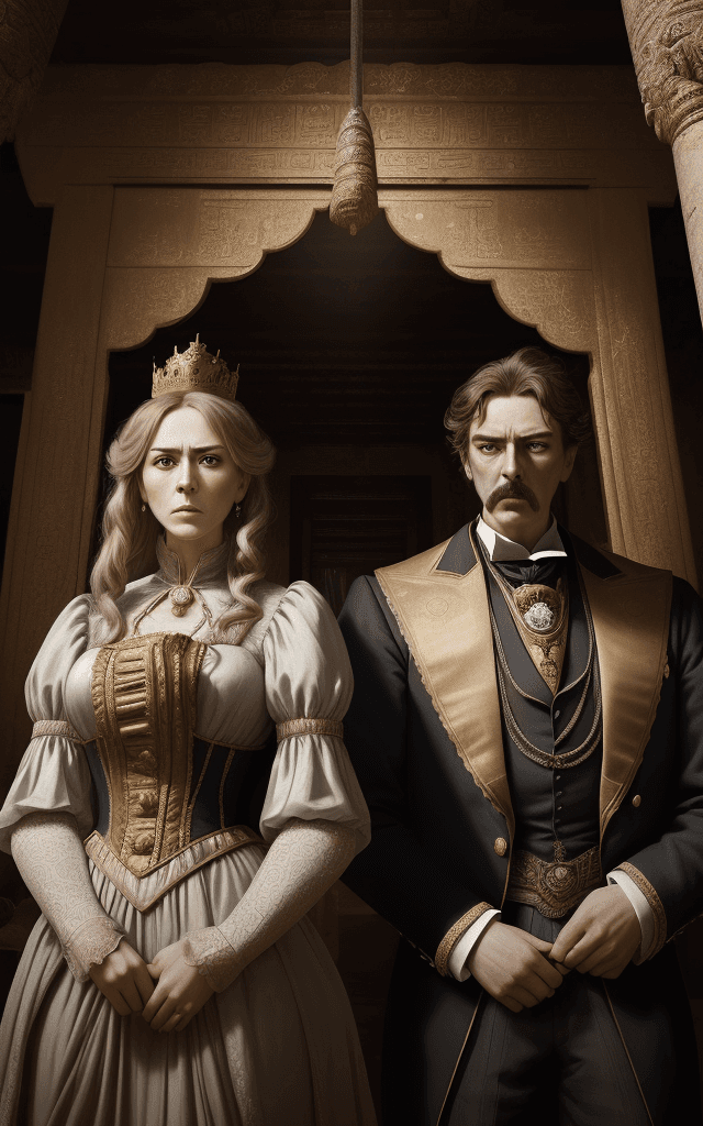 AI generated: Hyper-realistic portrait of two Victorian king and queen in royalty in an ancient temple-looking fie...