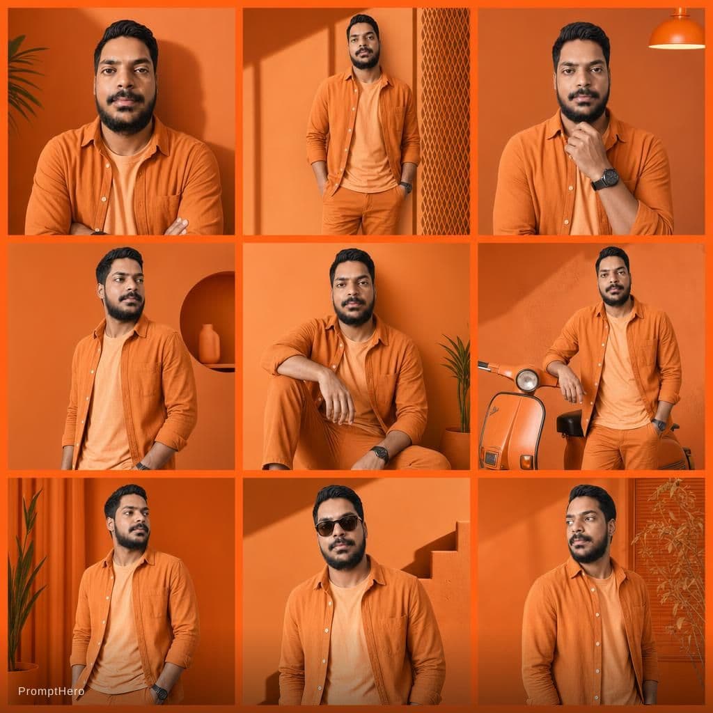 AI generated: A collage of 9 editorial-style photos with an orange color theme. The background, all objects, items...
