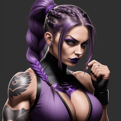 AI generated: muscular woman, tattoos, purple braided hair,  ponytail hair, superhero outfit, cleavage, black lips...
