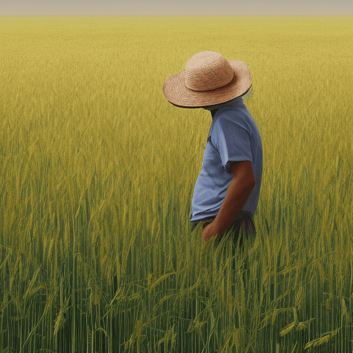 AI generated: Wheat field, a farmer uncle with a straw hat standing in a wheat field, big clouds, blue sky, rice f...