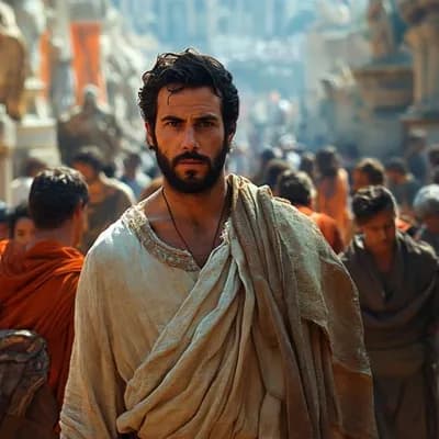 AI generated video: A man walks towards the camera down an ancient roman street. He is in ancient rome wearing ancient r...