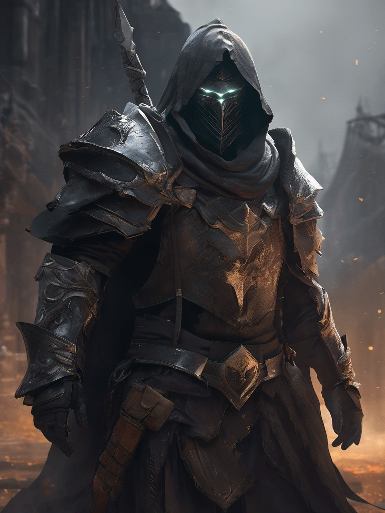 AI generated: A portrait of brutal warrior in void armor, legendary void warrior, ghost, torn cloak, ghost town, e...