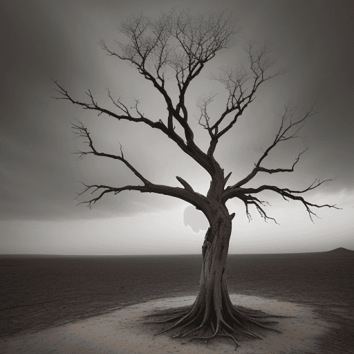 AI generated: dry, leafless tree full of years of history in the middle of a gloomy and deserted landscape
