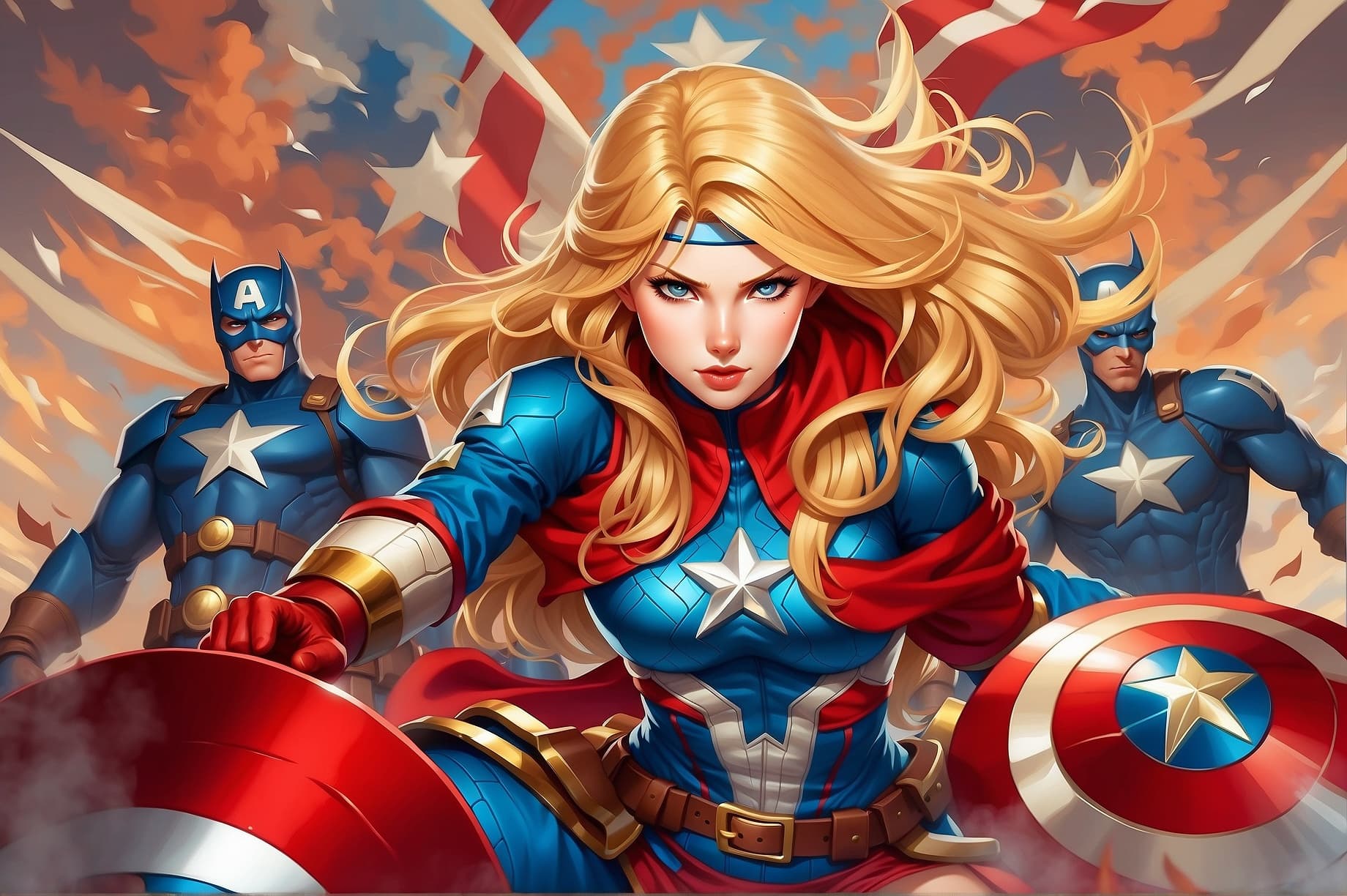 AI generated: In this image, Captain America is depicted as a stunning woman. Her features are perfectly symmetric...