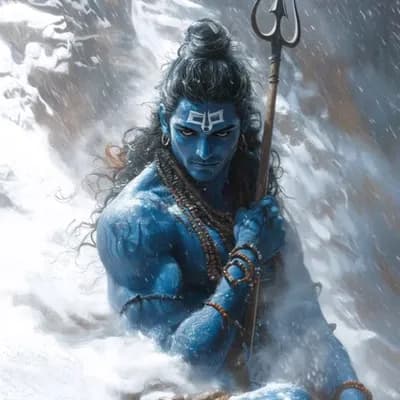 AI generated video: subtle , Focus on lord shiva, crane up, motion snow 