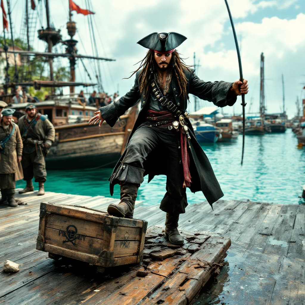 AI generated: "Capture the precise moment Jack Sparrow steps onto the dock from the mast of his sinking ship in Pi...