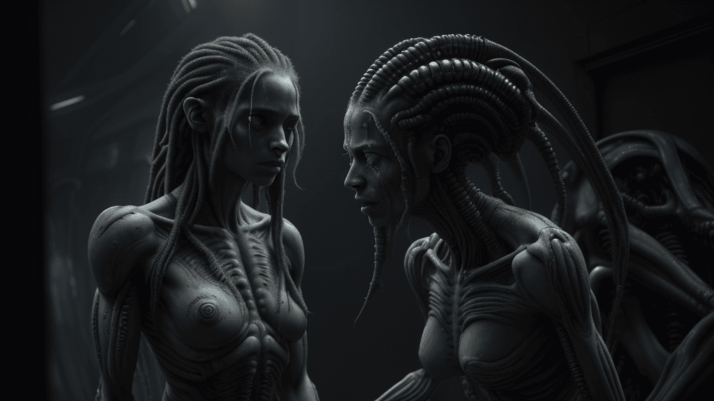 AI generated: a woman with dreadlocks and a body of hair in a scene from the film alien, movie still of a alien cy...