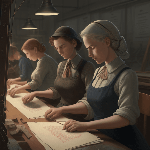 AI generated: Portrait of female textile workers on break, discussing candidates for the 1940 election, pamphlets ...