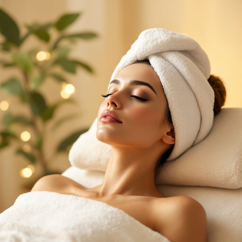 AI generated: “uma mulher em uma maca fazendo relaxamento em um spa em uma clinica confortável,sofisticada em maca...