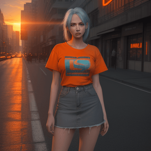 AI generated: a beautiful girl stands on the street in a denim skirt and an orange t-shirt with gray hair, best re...