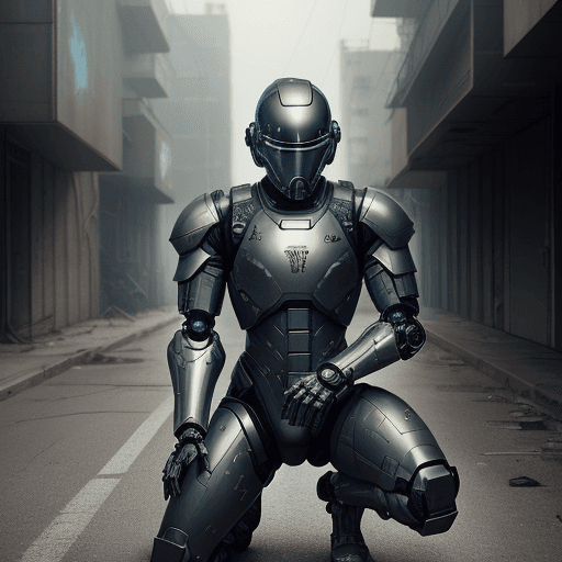AI generated: black armed male figure in sci-fi battle armor with cybernetic helmet, aiming on one knee, mask, sci...