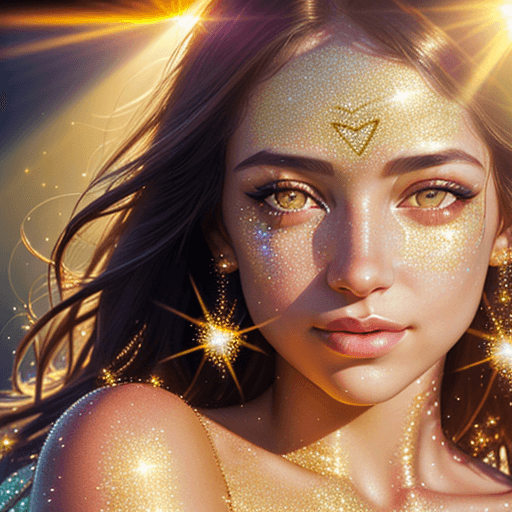 AI generated: close up portrait of woman looking towards the bright sun, glitter on her face, sun rays, glowy skin...