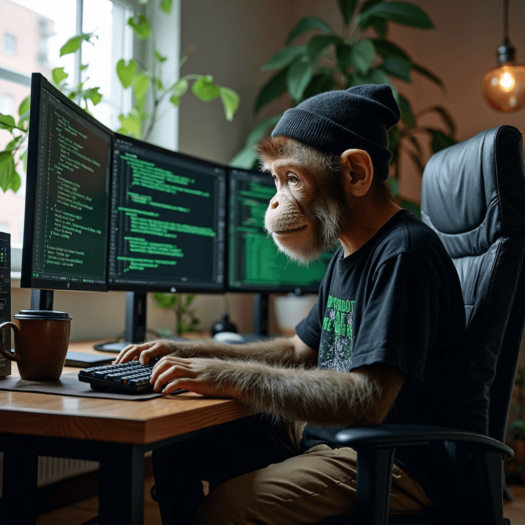 AI generated: An adolescent fashion look hipster male programmer serious thoughtful monkey in a graphic T-shirt wi...