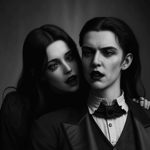 AI generated: Realistic handsome vampire opening mouth to bite woman's neck, woman's neck facing the camera, victo...