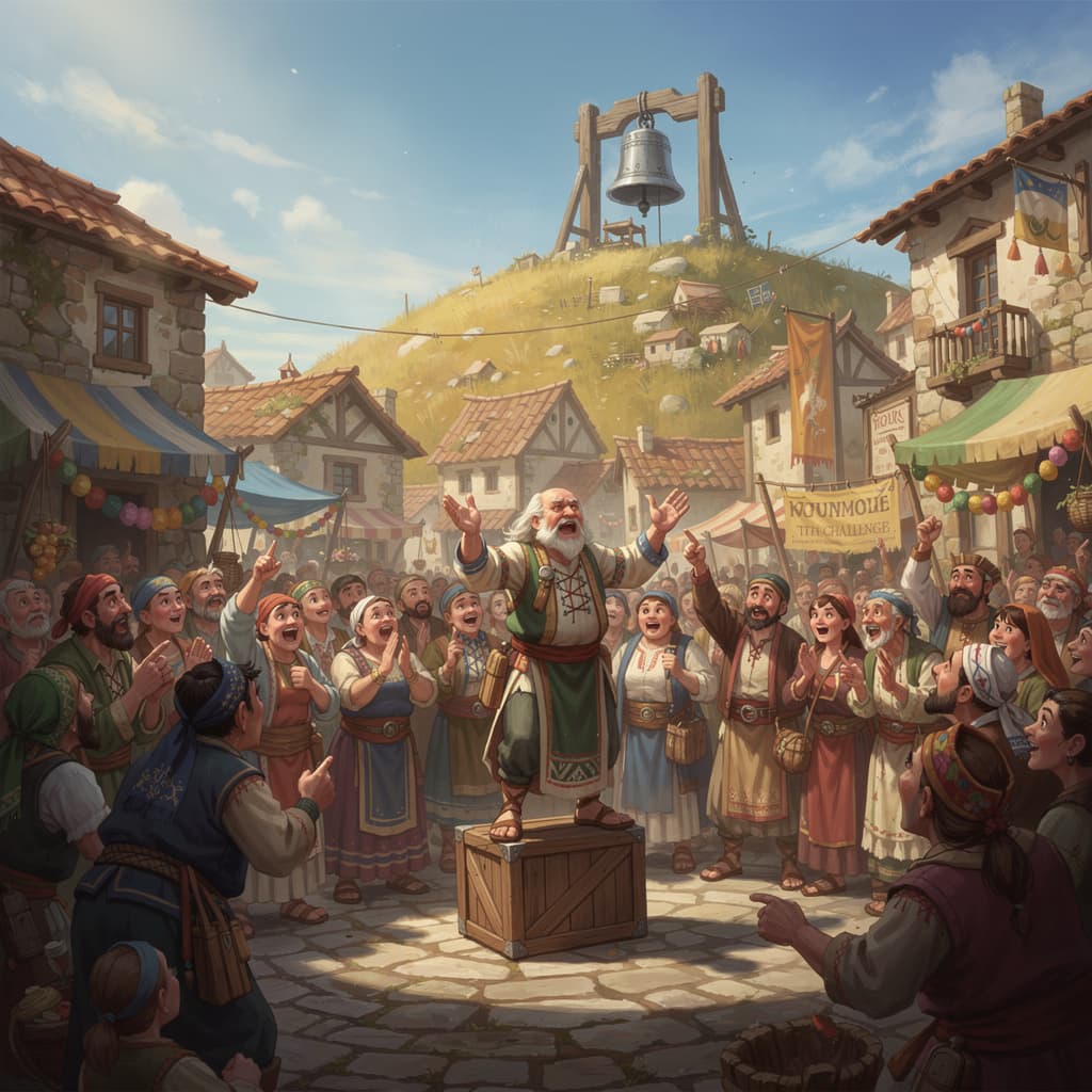 AI generated: A village gathering in the town square with an elder announcing a big challenge, villagers listening...
