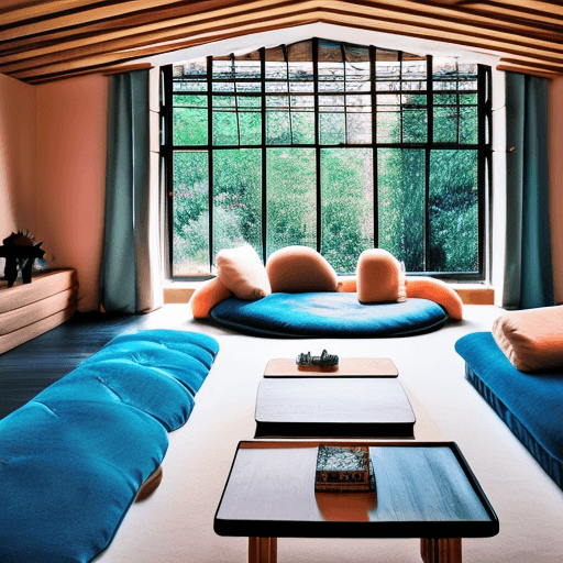 AI generated: High resolution photography interior design, dreamy sunken living room conversation pit, wooden floo...