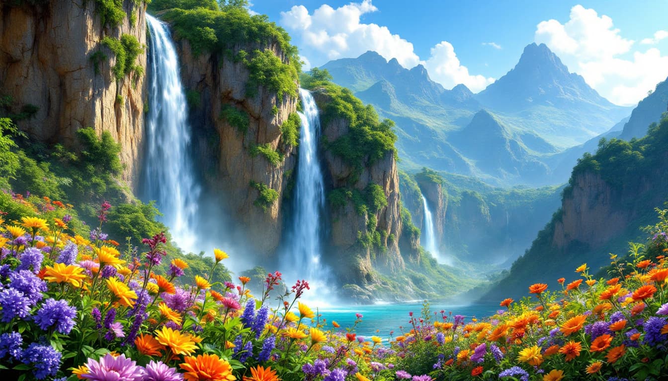 AI generated: Digital artwork depicting a breathtaking landscape with a vibrant and colorful style. The scene feat...