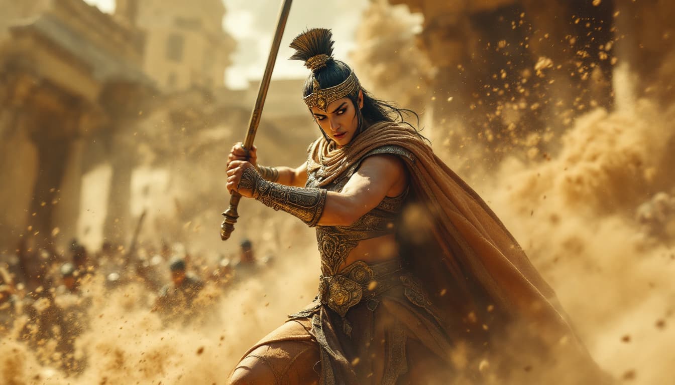 AI generated: hyper realistic .16.	Low-angle shot of Parushat slamming her spear into the ground, dust swirling ar...