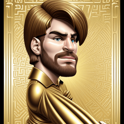 AI generated:  humor, Leonel Messi, caricature, seduce, background golden lines, agent greek style
