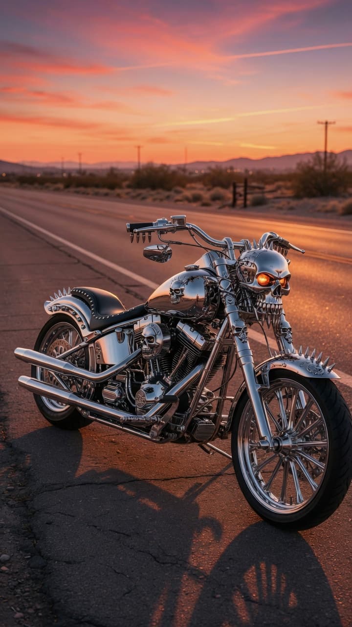 AI generated: "Ultra-realistic photograph of a custom chopper motorcycle with a prominent skull motif, entirely cr...