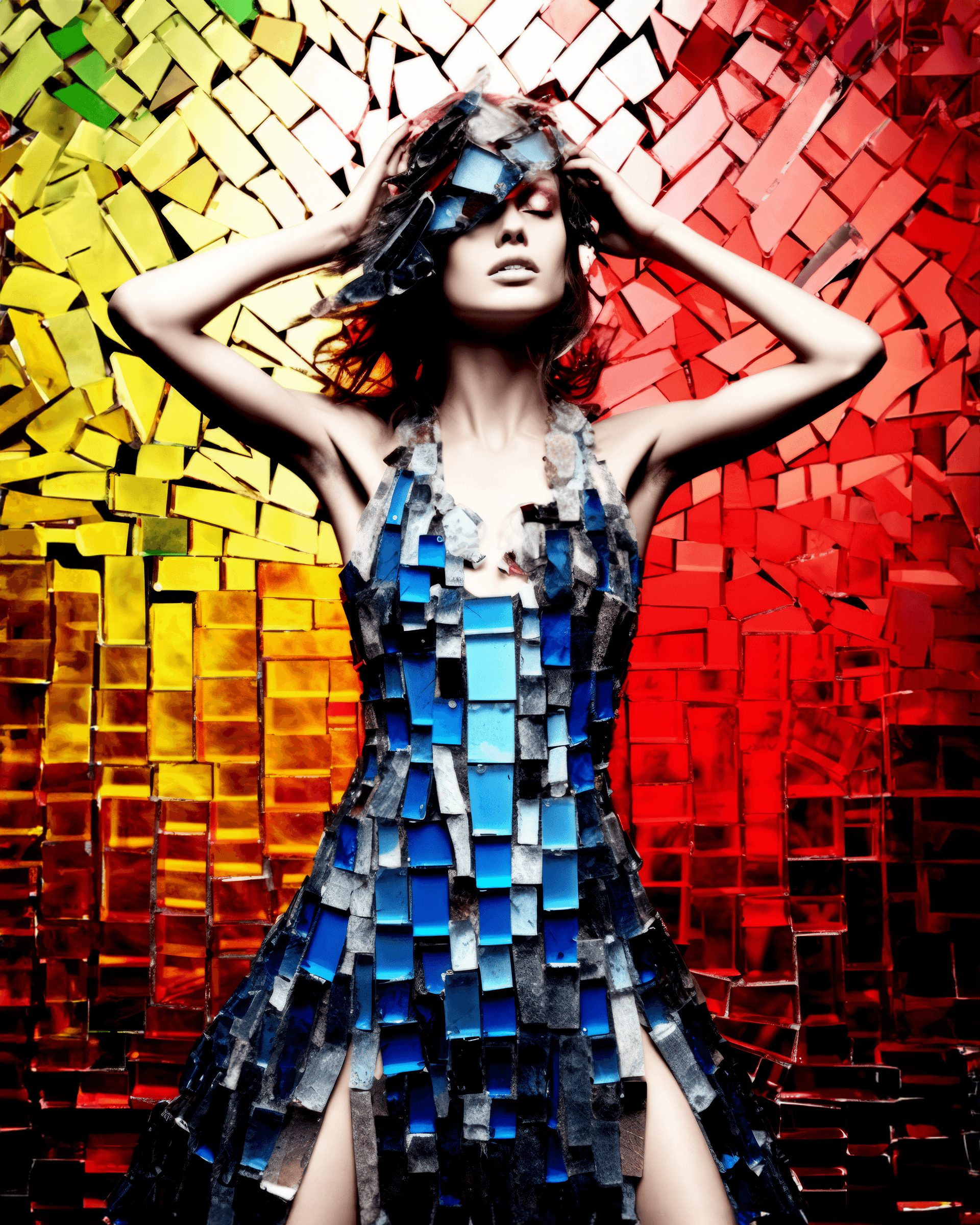 AI generated: a girl in a colorful outfit posing with broken glass, in the style of gareth pugh, woven/perforated,...
