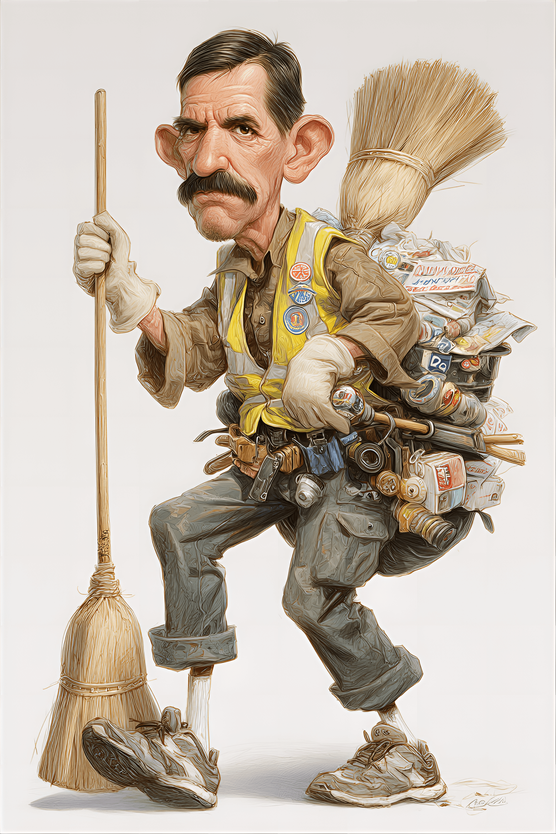 AI generated: funny caricature, ludicrous political street sweeper, 47 years old, mustached, bow-legged, squinty-e...