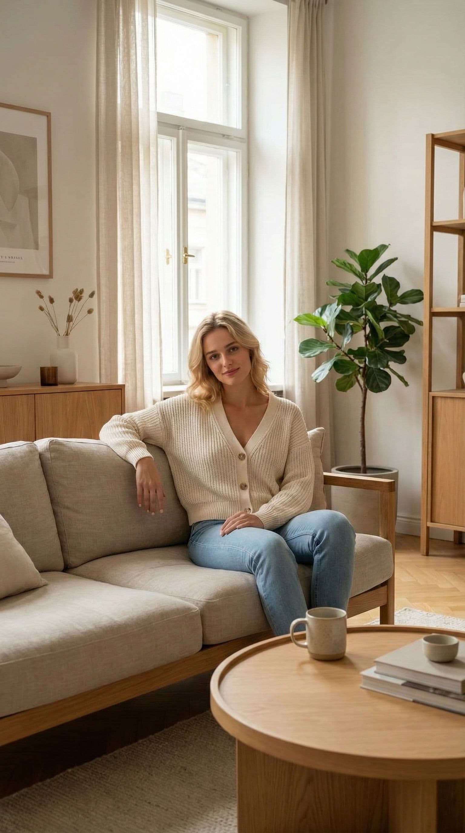 AI generated: A cozy Scandinavian-style living room, soft natural light, warm wooden textures, minimal decor, calm...