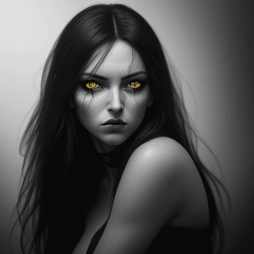 AI generated: hyper-realistic photograph, woman, yellow eyes, stunning, black and white, shot on a Sony A7III --ar...