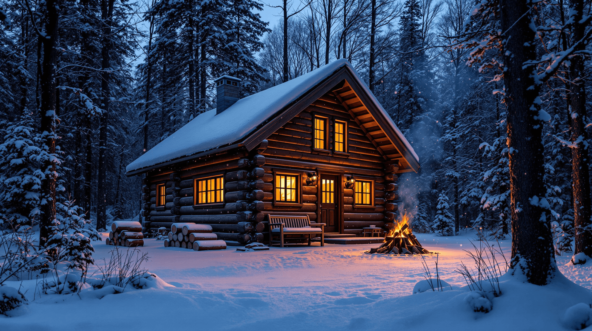 AI generated: Picture a cozy log cabin nestled deep in a tranquil winter forest, the snow blanketing the ground in...