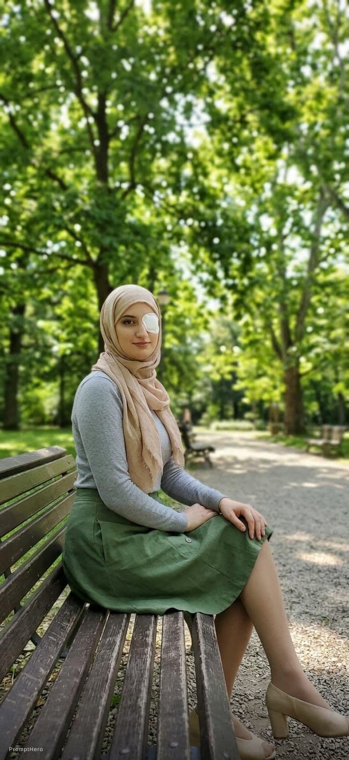 AI generated: Change pose of woman on picture. Woman should seat on park bench in half-front to the camera. Add th...