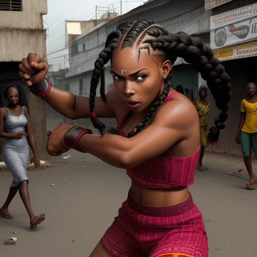 AI generated: A young black lady with braids fighting on the streets of lagos nigeria