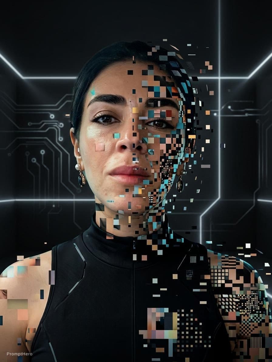 AI generated: portrait of a woman( attached the woman photo), front shot, gaze, avant-garde styled, wearing a mini...